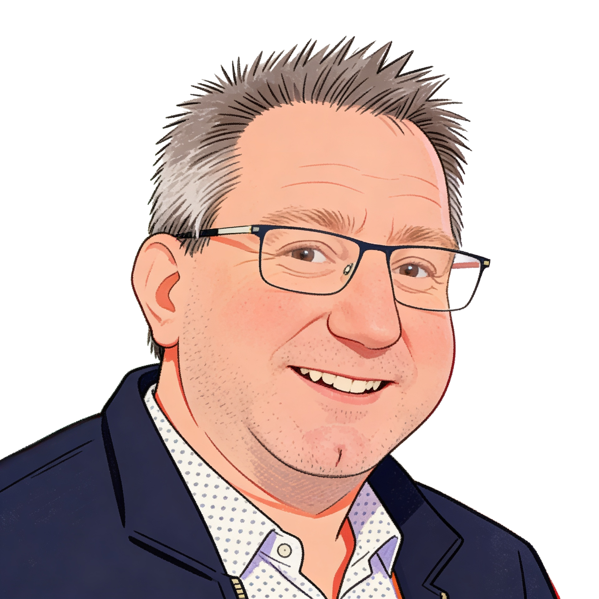 Portrait illustré d'Olivier Le Bon - homme souriant, lunettes navy, veste bleu marine.